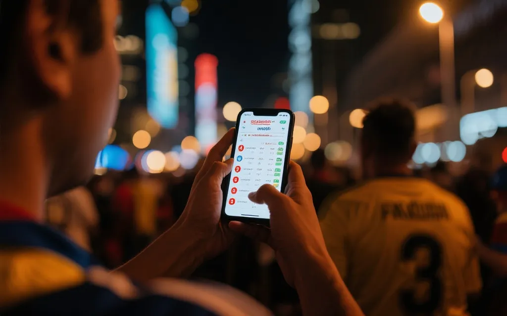 球迷在城市夜色中查看赛程与行程规划,电影感氛围