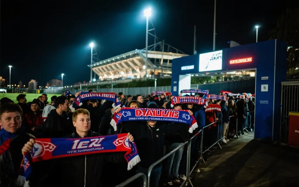 夜晚的球场外人潮与灯光,球迷举着围巾准备入场,纪实摄影感